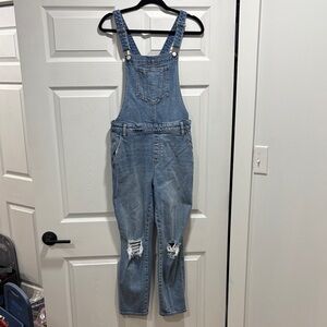 Blue Denim Overalls with Distressed Knees
